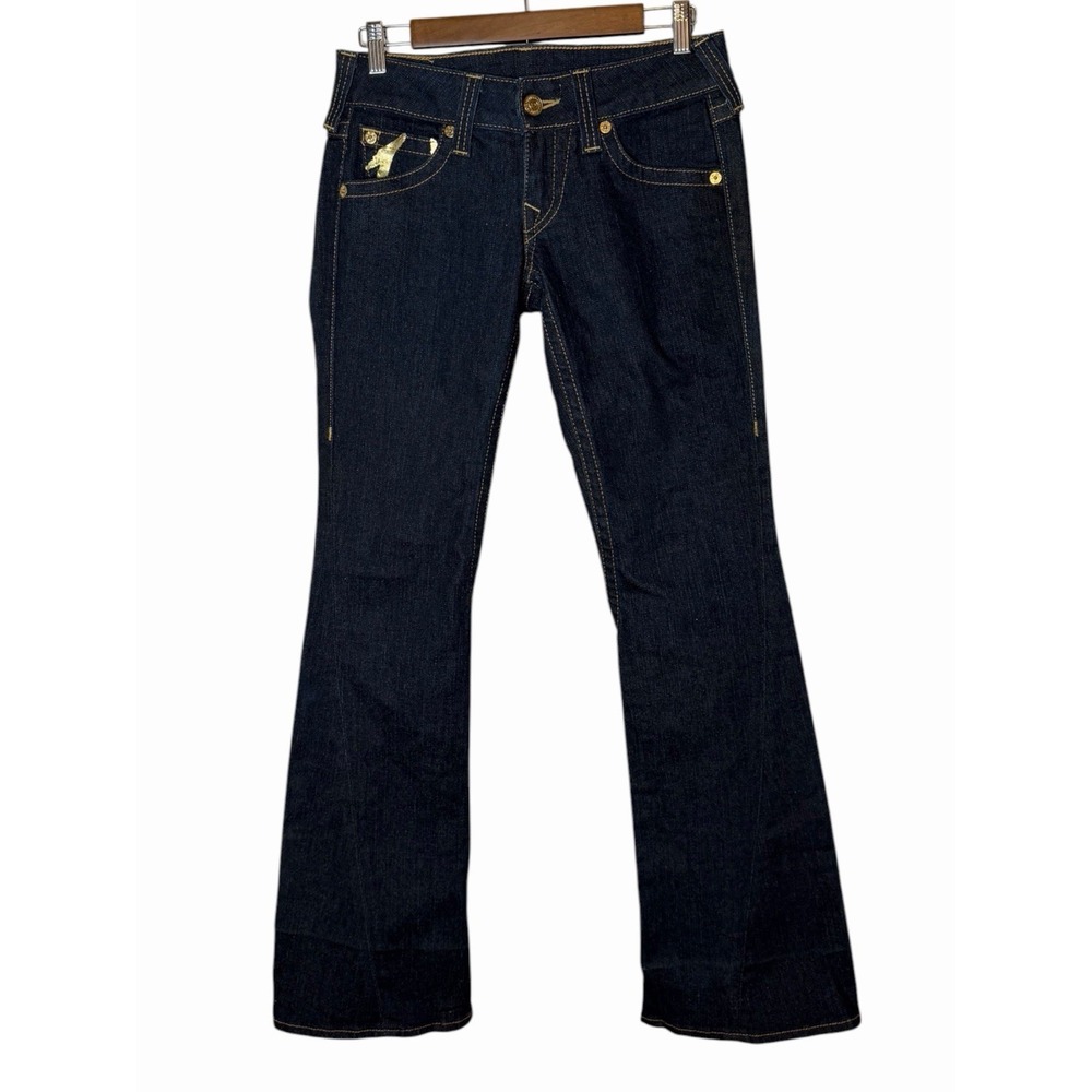 True Religion Billy Flared Gold Foil Flap Pocket Denim Jeans 28 Dark low rise